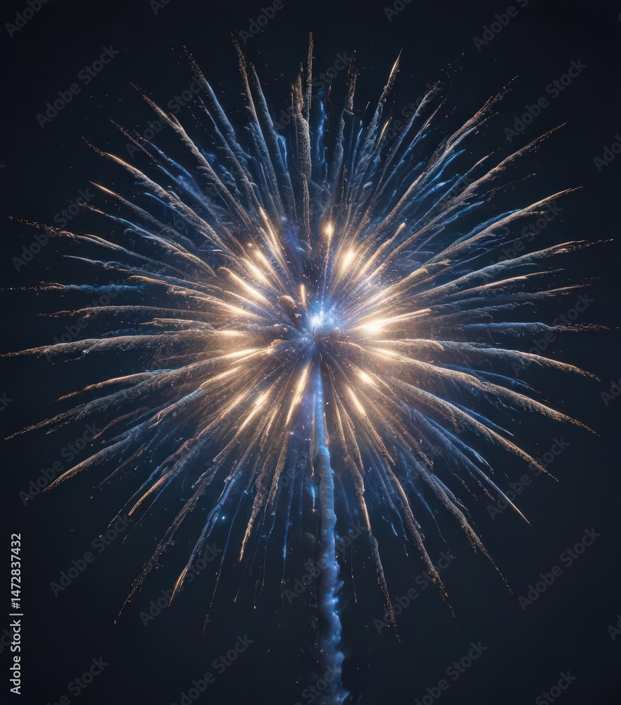 Fototapeta premium Isolated blue firework burst, vibrant detail, night sky , light, macro, close-up
