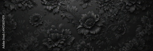 Deep black floral wallpaper with embossed texture  Luxurious, rich, intricate patterns , depth, rich, brocade