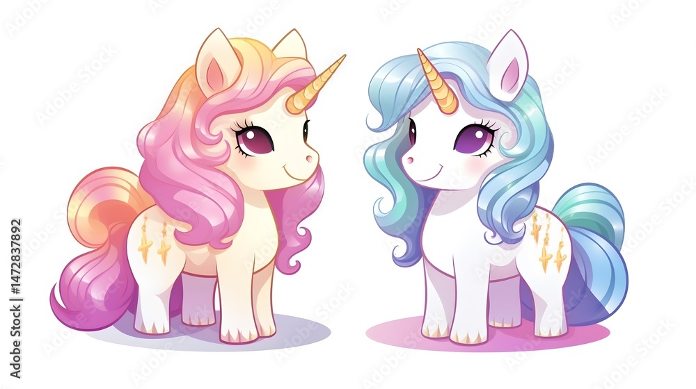 Naklejka premium Adorable Unicorn Couple Kawaii Cartoon Vector Character - Whimsical Fantasy Illustration for Kids