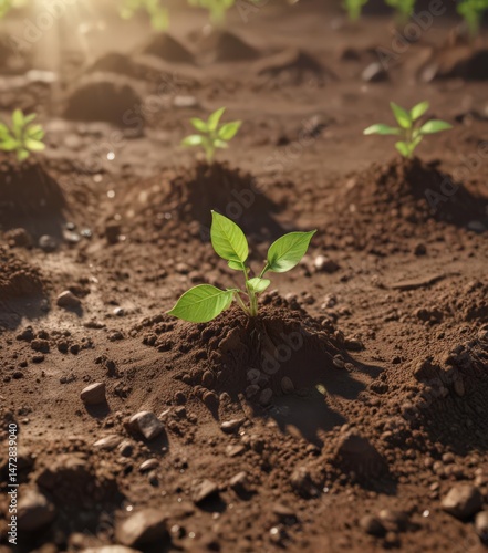 Tiny green saplings emerge from rich soil, bathed in sunlight ,  growth,  sun