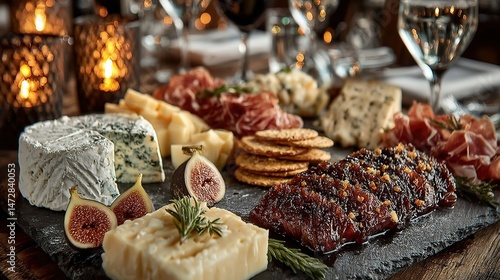   An array of cheeses, meats, and crackers adorned a slate plateau, surrounded by flickering candlelight