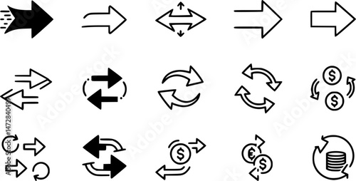 vector set of transfer icon, arrows data transfer icon, exchange arrow icons - Swap icon with two arrows, Money transfer outline vector icon. Transfer arrows outline icon. reverse arrow, replace icon