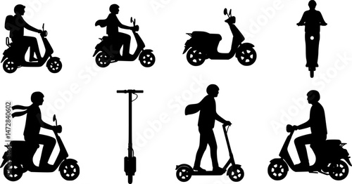 vector set of Scooter icon, Electric scooter icons. Man Riding a Scooter to Work. Scooter Riding Icons, Two wheeled vehicles and riders icon set.
