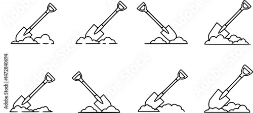 vector set of Shovel Icon, Garden Shovel icon, Hand garden shovel icon. Outline hand garden shovel vector icon, Shovel icon flat. Digging with garden shovel vector icon, Shovel in dirt vector icon
