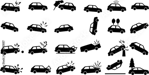 vector set of accident icon, broken cars, Crashed Cars icon set, Car crash, collision or road accident thin line icon. car accident icon.
