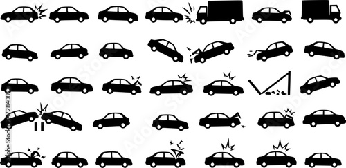 vector set of accident icon, broken cars, Crashed Cars icon set, Car crash, collision or road accident thin line icon. car accident icon.
