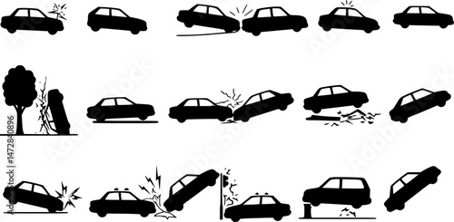 vector set of accident icon, broken cars, Crashed Cars icon set, Car crash, collision or road accident thin line icon. car accident icon.
