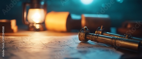 Antique Nautical Instruments on a Map Illuminated by Lantern Light in Dramatic Scene