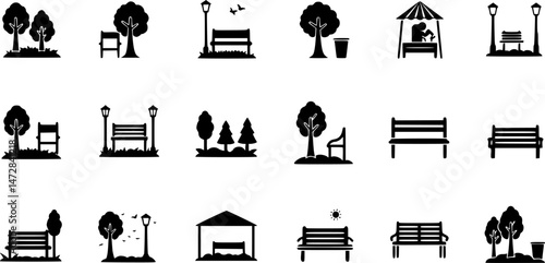 vector set of Park Icon Set. garden park minimalist with chair and tree, Open space black glyph icon. Public park with bench to sit. forest and bench vector icons
