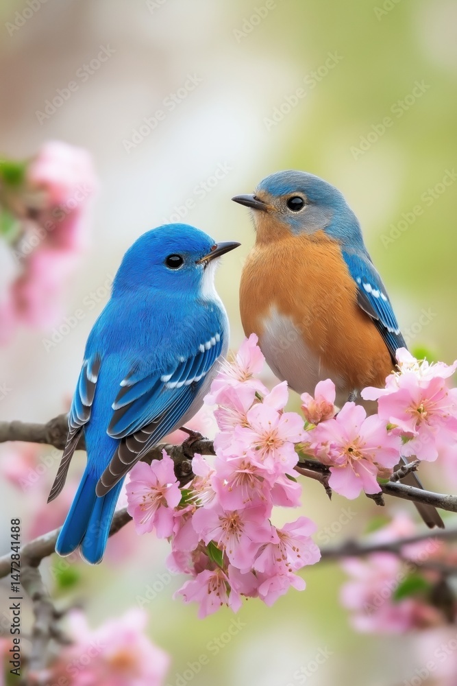 Two birds are perched on a pink tree branch. The birds are blue and brown. The pink tree is full of blossoms Two birds are perched on a pink tree branch. The birds are blue and brown. The pink tree is full of blossoms