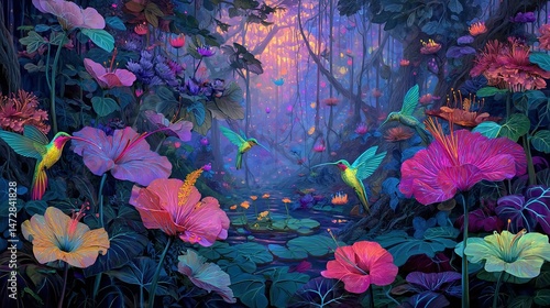   A painting of a lush forest brimming with vibrant blossoms and a graceful hummingbird soaring above a serene pond