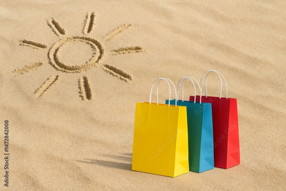 Four vibrant shopping bags resting on a sandy beach beside a hand-drawn sun, capturing the essence of summer shopping and the excitement of vacation purchases
