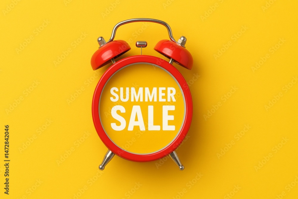Red alarm clock is announcing summer sale on a yellow background, symbolizing the urgency of the deals and the vibrant energy of the season