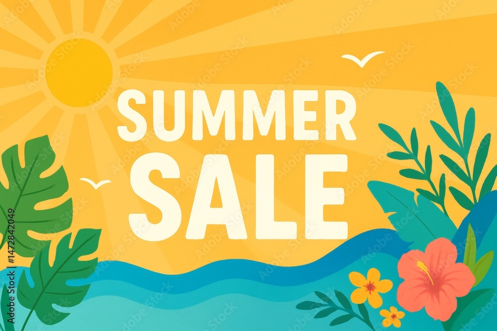 Vibrant illustration celebrating summer sales, featuring tropical flowers, radiant sun, and gentle ocean waves, creating a cheerful and inviting atmosphere perfect for promotions
