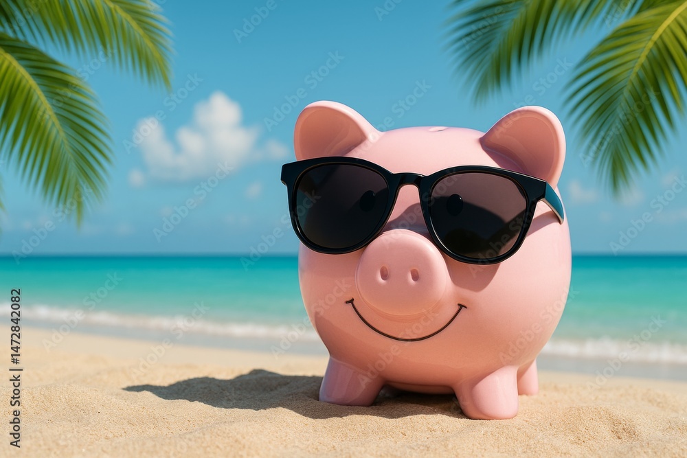 Pink piggy bank wearing sunglasses is relaxing on a sandy beach with turquoise water and palm trees, representing saving money for summer vacation