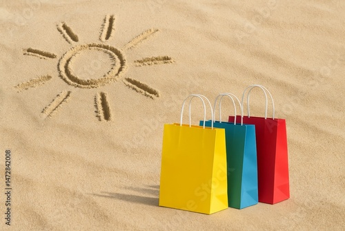 Obraz na płótnie Four vibrant shopping bags resting on a sandy beach beside a hand-drawn sun, capturing the essence of summer shopping and the excitement of vacation purchases w salonie
