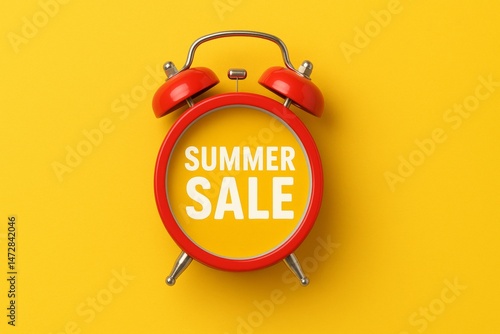 Obraz na płótnie Red alarm clock is announcing summer sale on a yellow background, symbolizing the urgency of the deals and the vibrant energy of the season w salonie