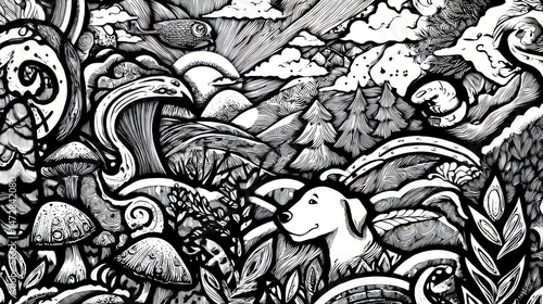 Wallpaper Mural Intricate black and white design with a fantastical landscape. Torontodigital.ca