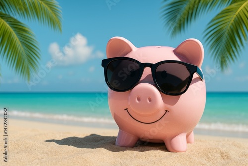 Obraz na płótnie Pink piggy bank wearing sunglasses is relaxing on a sandy beach with turquoise water and palm trees, representing saving money for summer vacation w salonie