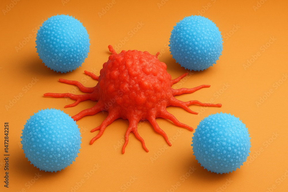 Four white blood cells surrounding and attacking a dangerous cancer cell, highlighting the immune system's critical response to tumors and raising awareness of health challenges