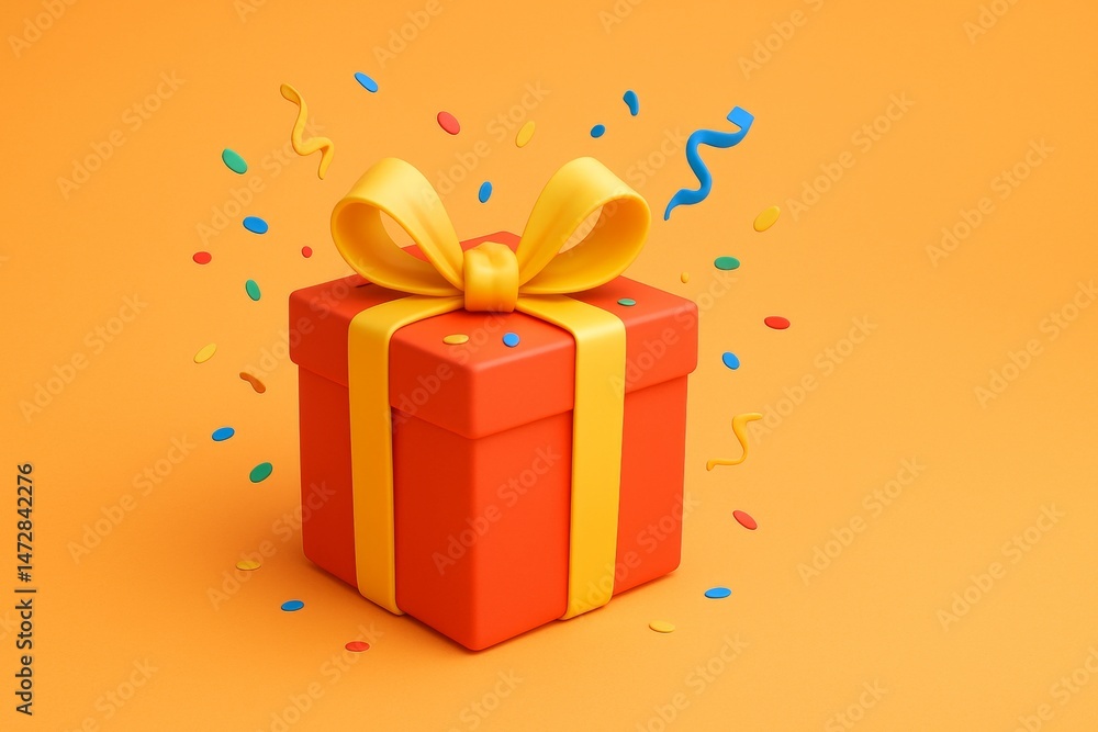 Vibrant orange gift box with a yellow ribbon is exploding with colorful confetti on an orange background, creating a festive and celebratory atmosphere