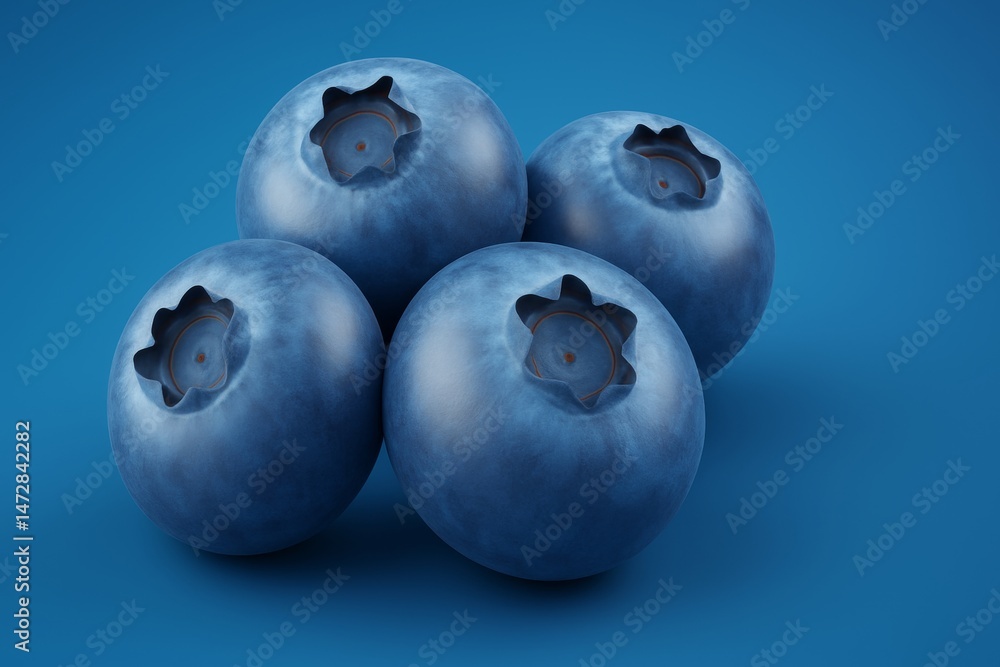 Four plump, ripe blueberries resting closely together on a vibrant blue backdrop, highlighting their rich color and delicate bloom, create a perfect representation of fresh, healthy fruit