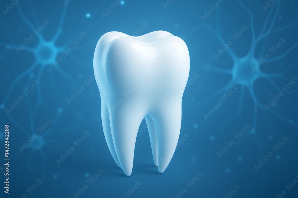 Shining white healthy tooth stands out against a blue gradient background, featuring visible neuron cells, symbolizing the importance of dental health and care Shining white healthy tooth stands out against a blue gradient background, featuring visible neuron cells, symbolizing the importance of dental health and care