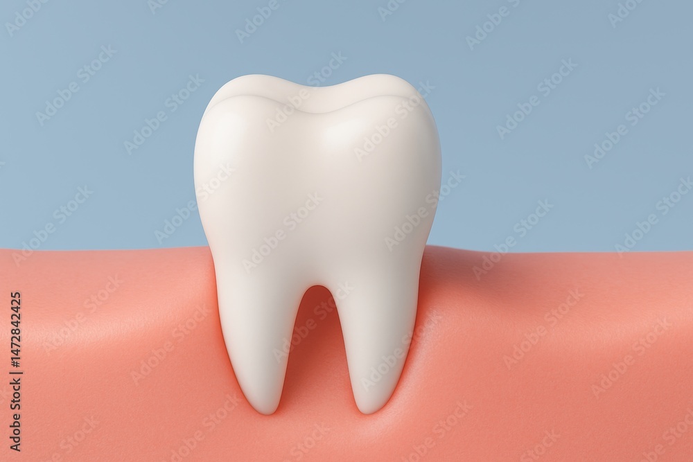 White healthy tooth growing from gums represents good oral hygiene and dental care, promoting healthy teeth and gums for overall well-being