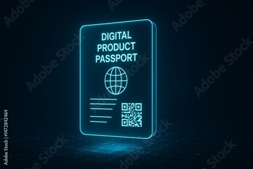 Glowing digital product passport with globe icon and qr code floating above futuristic grid, symbolizing secure and transparent product information in global trade