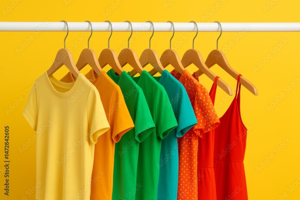 Rack filled with vibrant summer clothing, displaying a gradient of colors from sunny yellow to rich red, hanging neatly on a white rail against a cheerful yellow backdrop