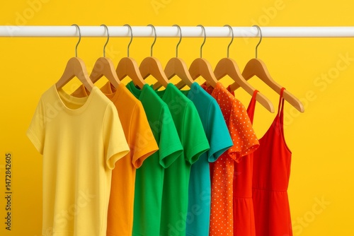 Obraz na płótnie Rack filled with vibrant summer clothing, displaying a gradient of colors from sunny yellow to rich red, hanging neatly on a white rail against a cheerful yellow backdrop w salonie
