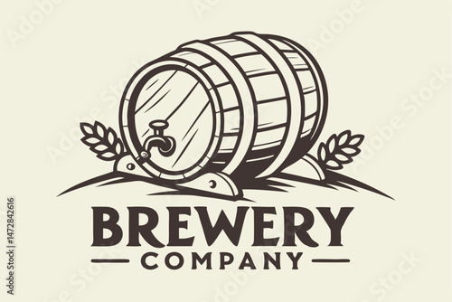 Vintage Brewery Company Logo Design Featuring Wooden Barrel and Wheat, Great for Branding and Advertising.