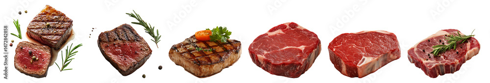 Assortment of Grilled Steak Cuts with Fresh Herbs and Vegetables Isolated Transparent Background Assortment of Grilled Steak Cuts with Fresh Herbs and Vegetables Isolated Transparent Background