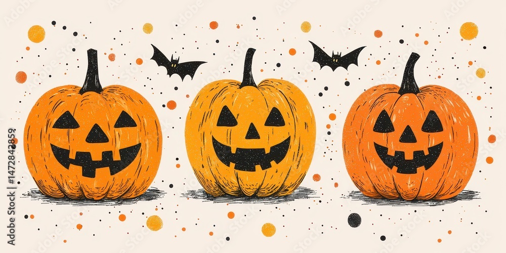 National pumpkin day with Halloween celebration idea. Smiling pumpkins with bats and colorful dots on a light background. National pumpkin day with Halloween celebration idea. Smiling pumpkins with bats and colorful dots on a light background.