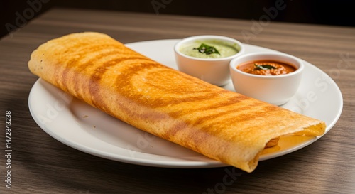 Masala dosa lentil and rice crepe with chutney on a restaurant table