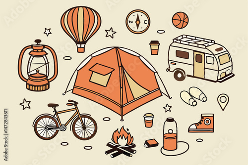 Doodle camping elements composition with tent, bicycle, hot air balloon, bonfire, compass, van, lantern and hiking shoes isolated on beige background.