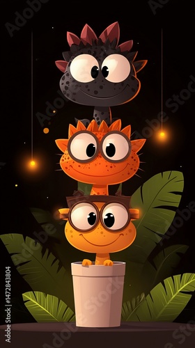 Stack of cute, colorful, cartoon characters with big eyes in a pot under lights photo