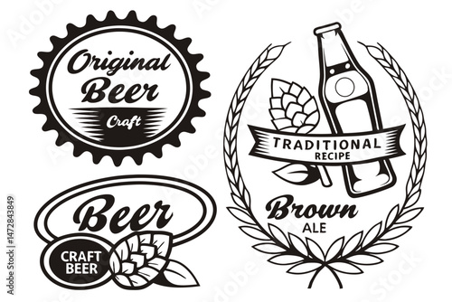Black and White Vector Set of Craft Beer Labels and Logos for Brewery and Pub Design.