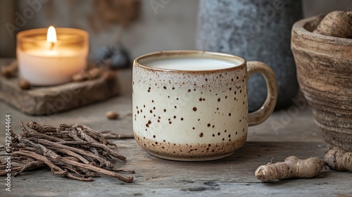 Wallpaper Mural A minimalistic scene featuring a speckled ceramic cup filled with milk, surrounded by a lit candle, wooden elements, and natural decor Torontodigital.ca