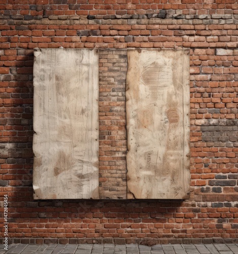 Weathered paper posters glued to a brick wall, showing age and texture , paper, material