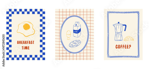 Set of hand-drawn breakfast posters with coffee, croissant, egg, milk, and bread. Minimalist vertical illustrations in ink line art style. Perfect for kitchen, decor, packaging. Vector.