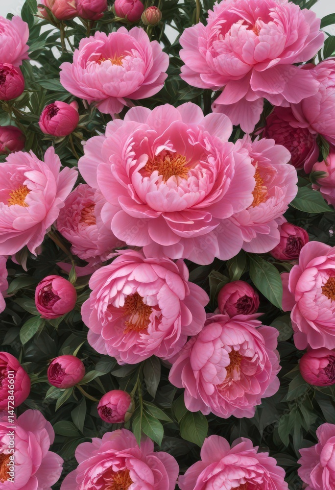 Fototapeta premium Vibrant pink peony and rose arrangement Ideal for design projects Ample blank space , soft, macro, closeup