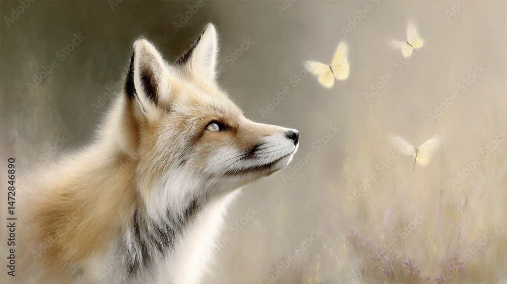Fototapeta premium Painting of fox amidst flowers, butterflies in sky and foreground