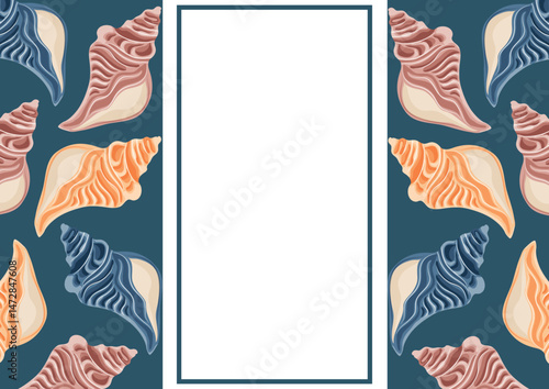 poster or postcard template with a marine theme, namely with colorful swirling sea shells and a white rectangle in the middle