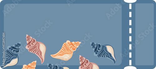 coupon with a marine theme, namely with colorful, swirling sea shells of various shapes on a blue background