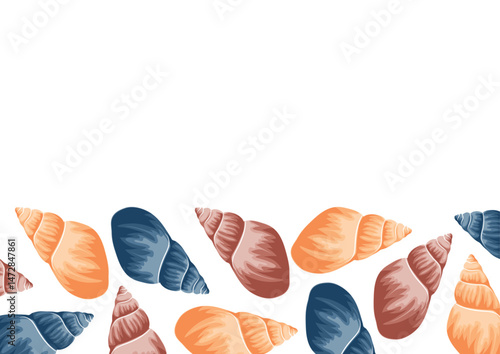 poster with a marine theme, namely with colorful sea shells of various shapes on a white background