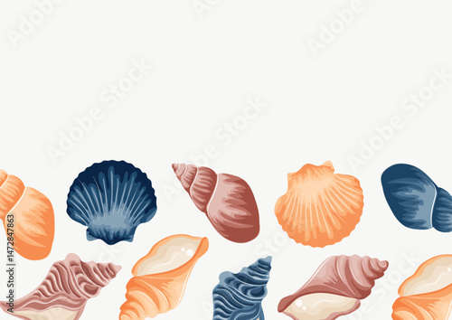 poster with a marine theme, namely with colorful sea shells, shells and mollusks of various shapes on a white background