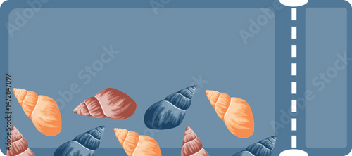 coupon with a marine theme, namely with colorful sea shells of various shapes on a blue background