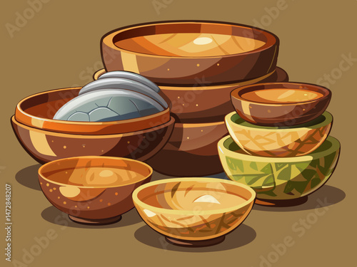 vector of Set of rustic ceramic bowls with natural textures isolated on transparent background