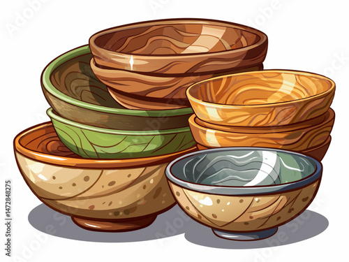 vector of Set of rustic ceramic bowls with natural textures isolated on transparent background